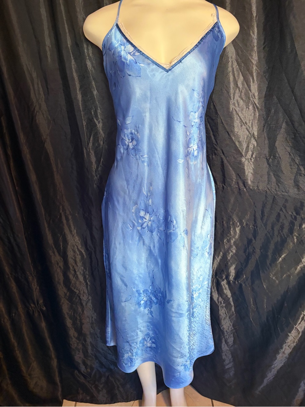 Satin Blue Floral Slip Dress with V-Neck - Women's Intimates